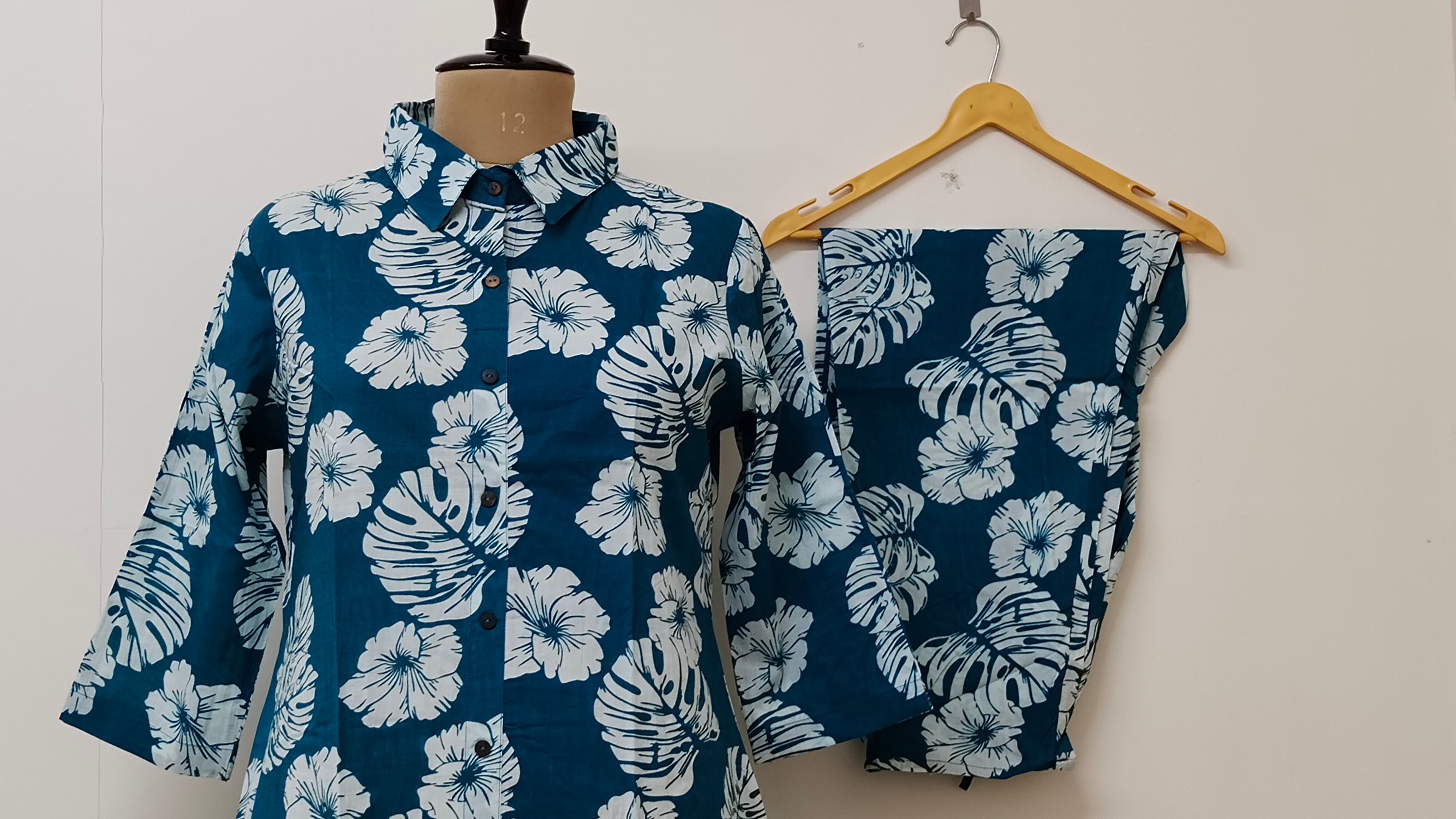 Namah Teal Cotton Floral A-line Coord Set