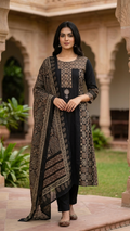 Esha Black Cotton Ajrakh HandEmbroidered A-line Dupatta Set