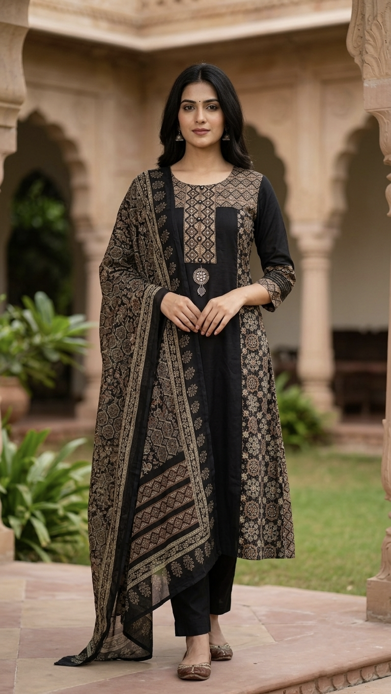 Esha Black Cotton Ajrakh HandEmbroidered A-line Dupatta Set