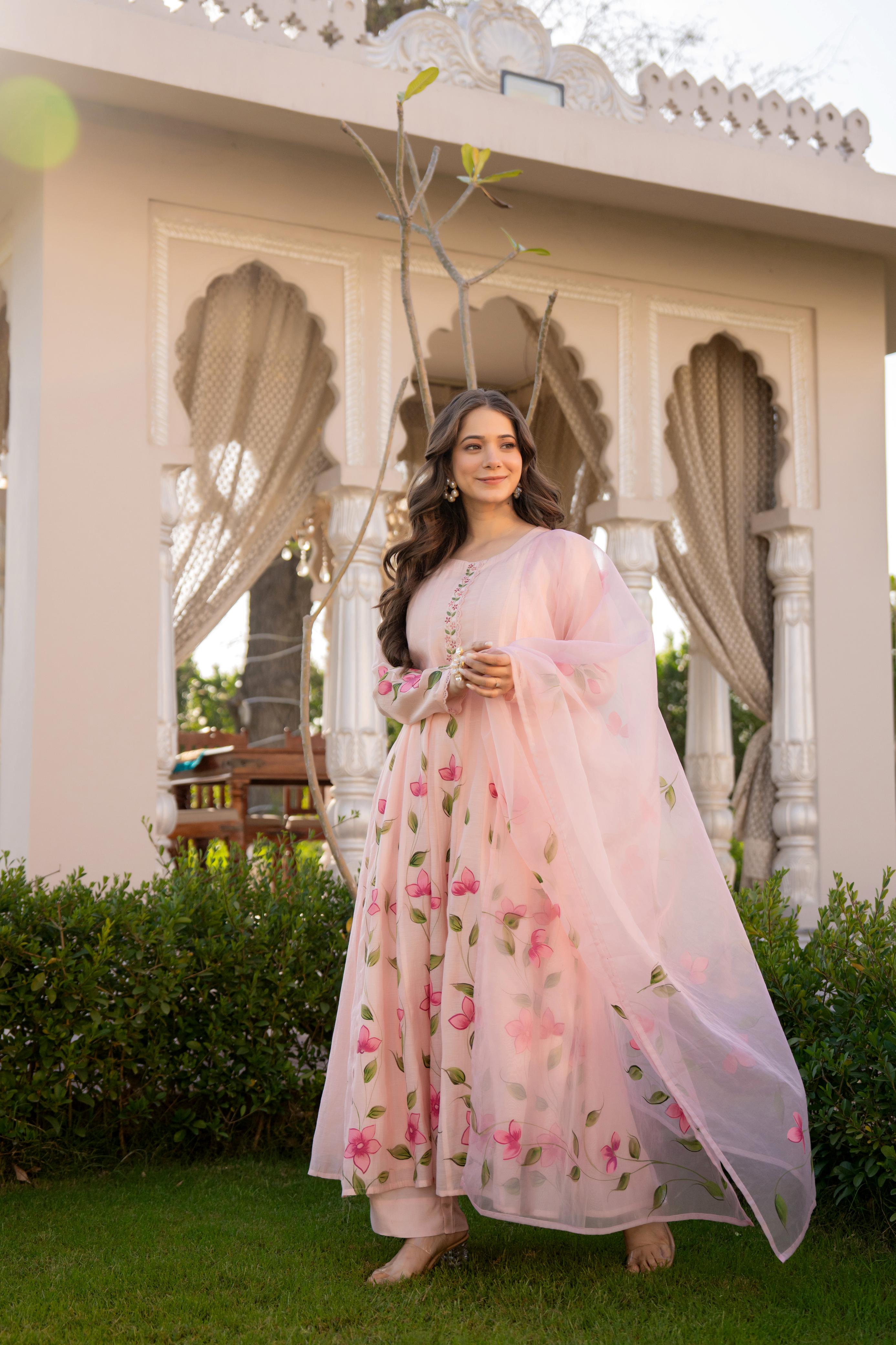 Zola Mul Chanderi HandPainted Anarkali Set - The Jaipur Studio
