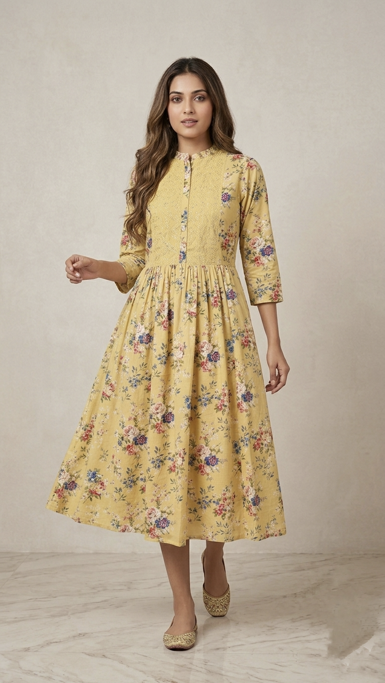 Asma Yellow Cotton Embroidered A-line Kurta
