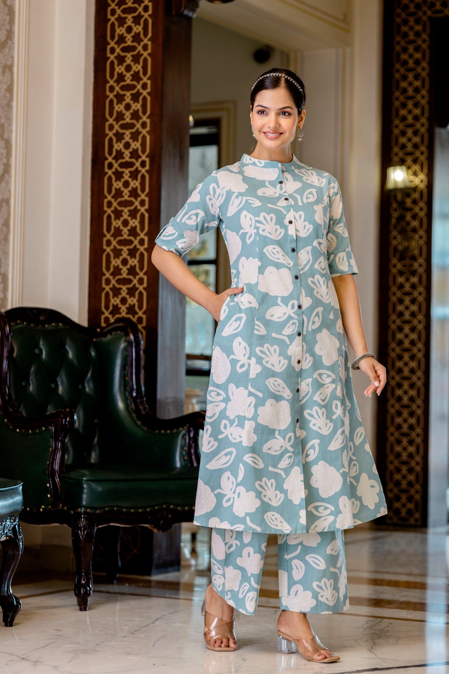 Pastel Blue Cotton A-line Coord Set - The Jaipur Studio