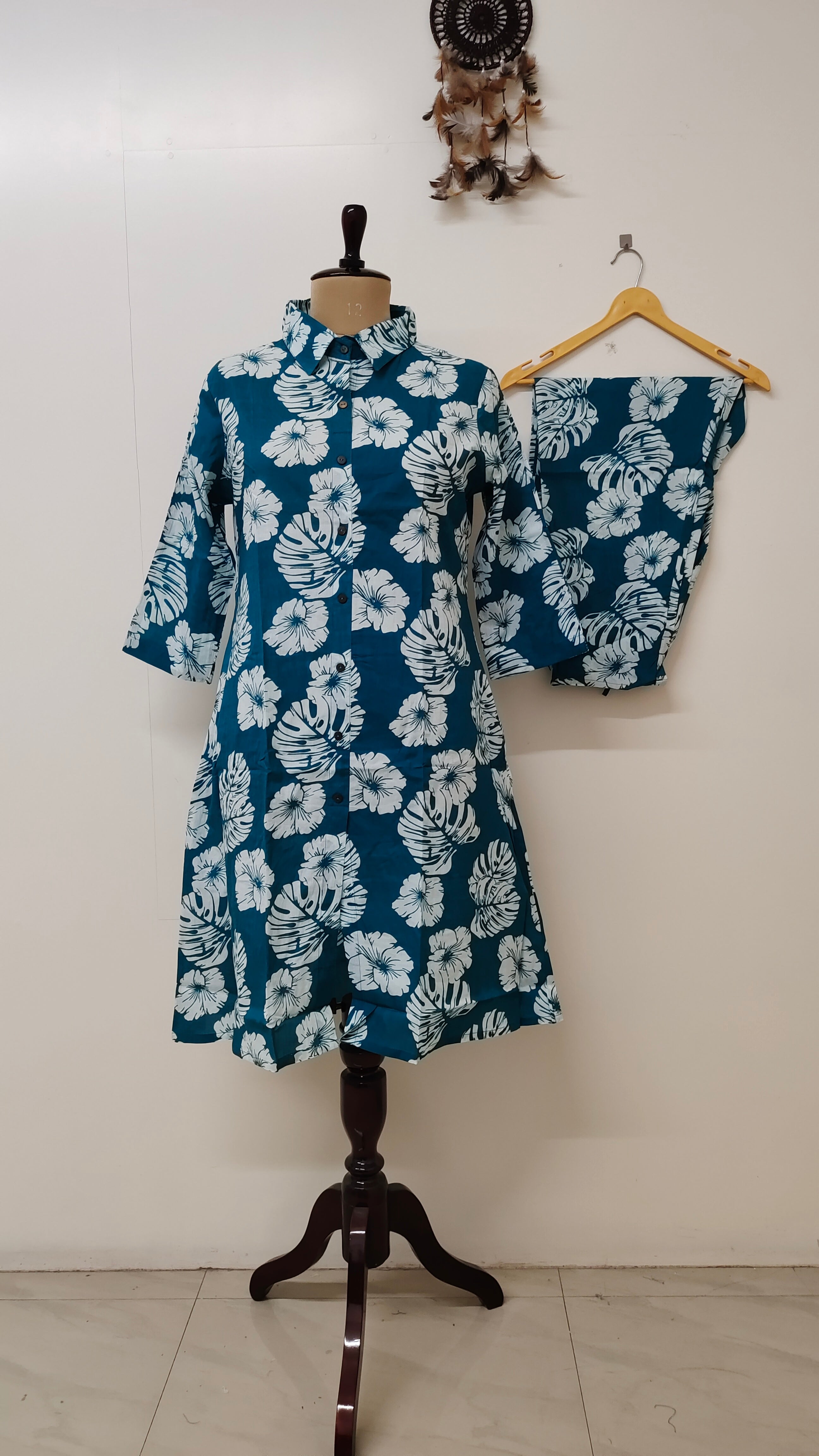 Namah Teal Cotton Floral A-line Coord Set