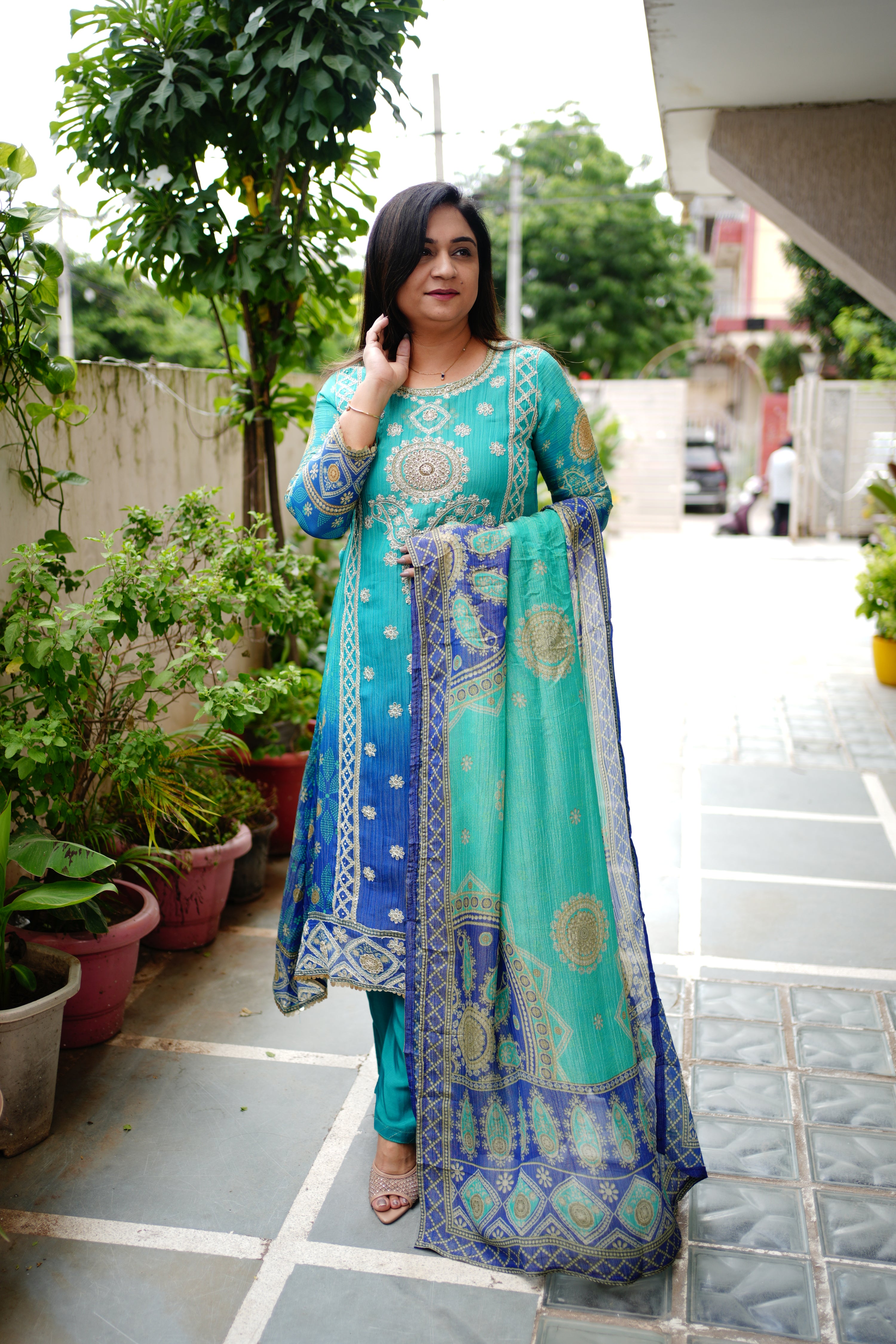 Aaliya Asymmetric Shimmer Tissue  Embroidered Pant Set