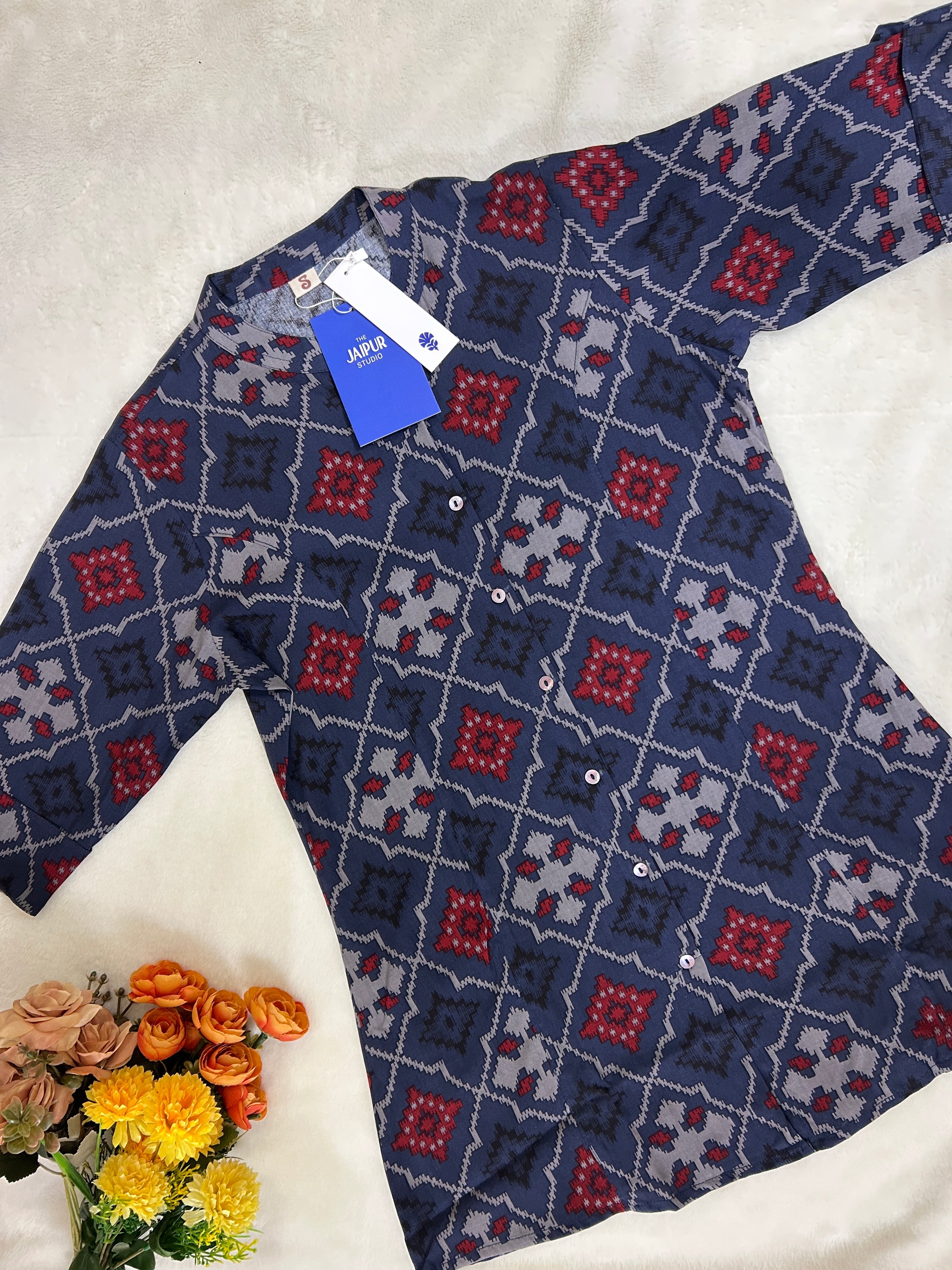 Navy Blue Patola Print Breathable Rayon Casual Short Top