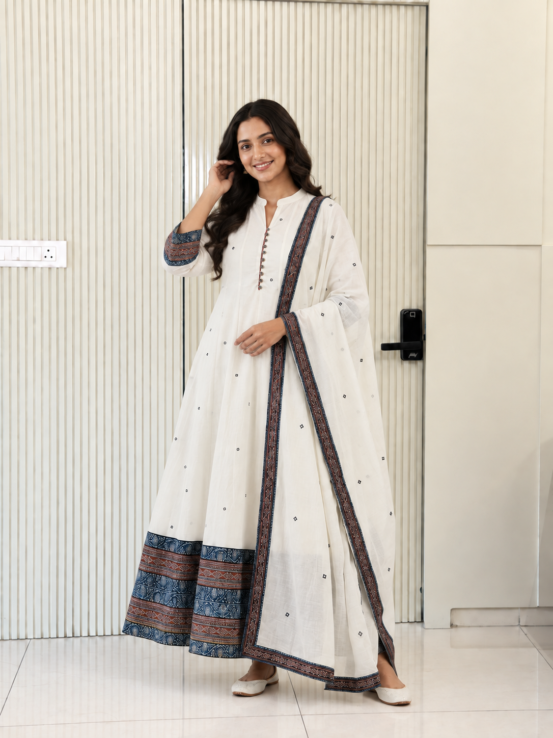 Shweta White Mul Cotton Ajrakh Anarkali Dupatta Set