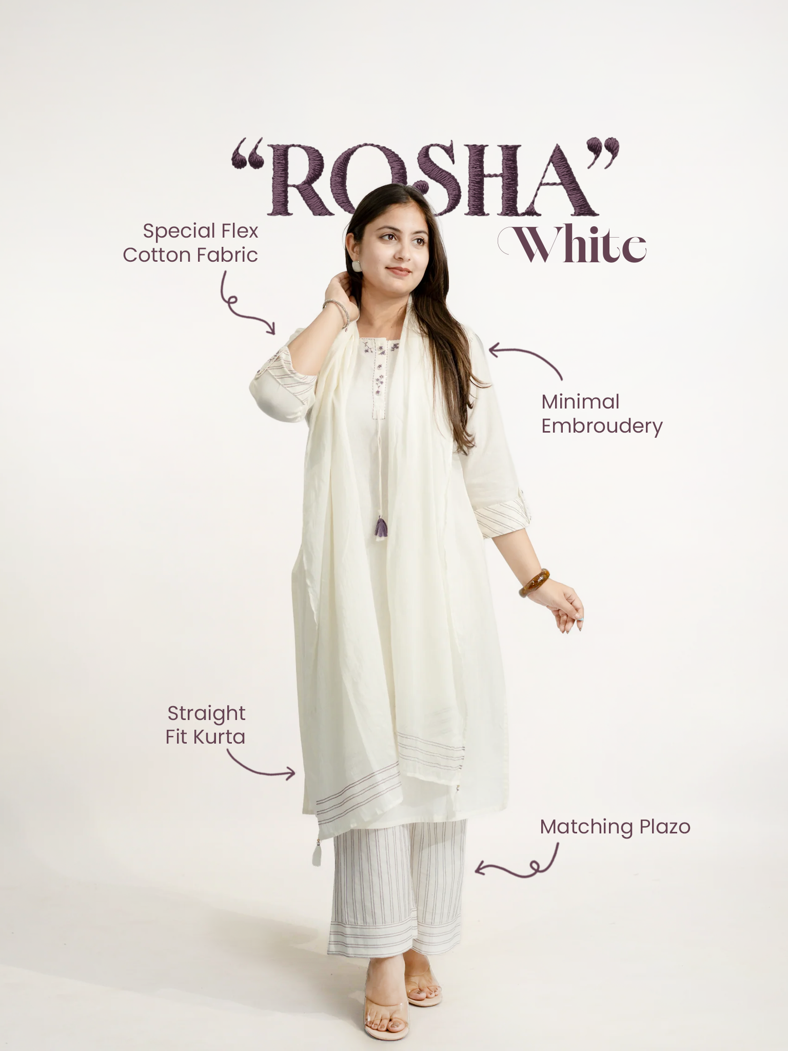 Rosha White Cotton Embroidered Straight Dupatta Set
