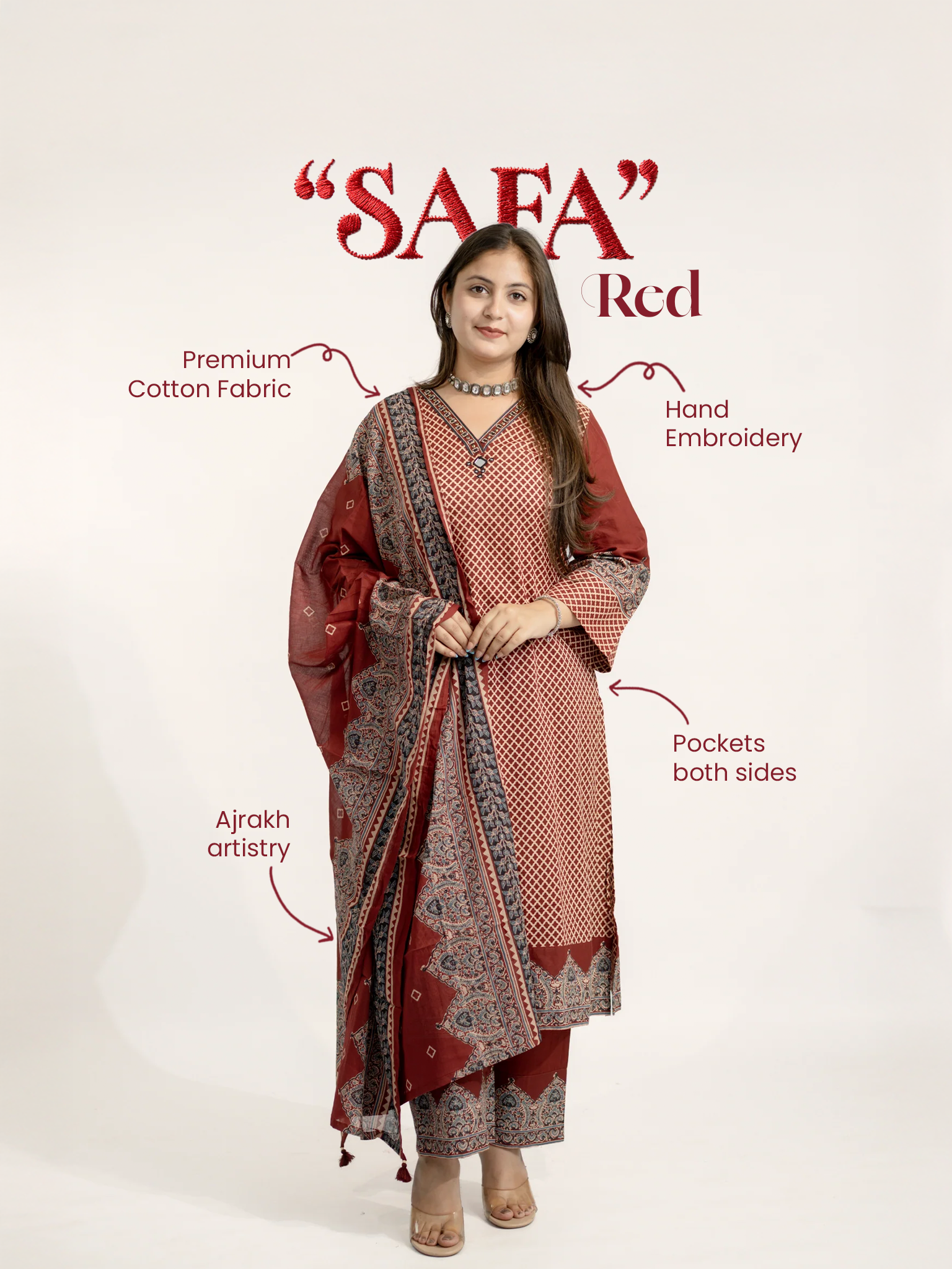 Safa Red Ajrakh Cotton HandEmbroidered Dupatta Set