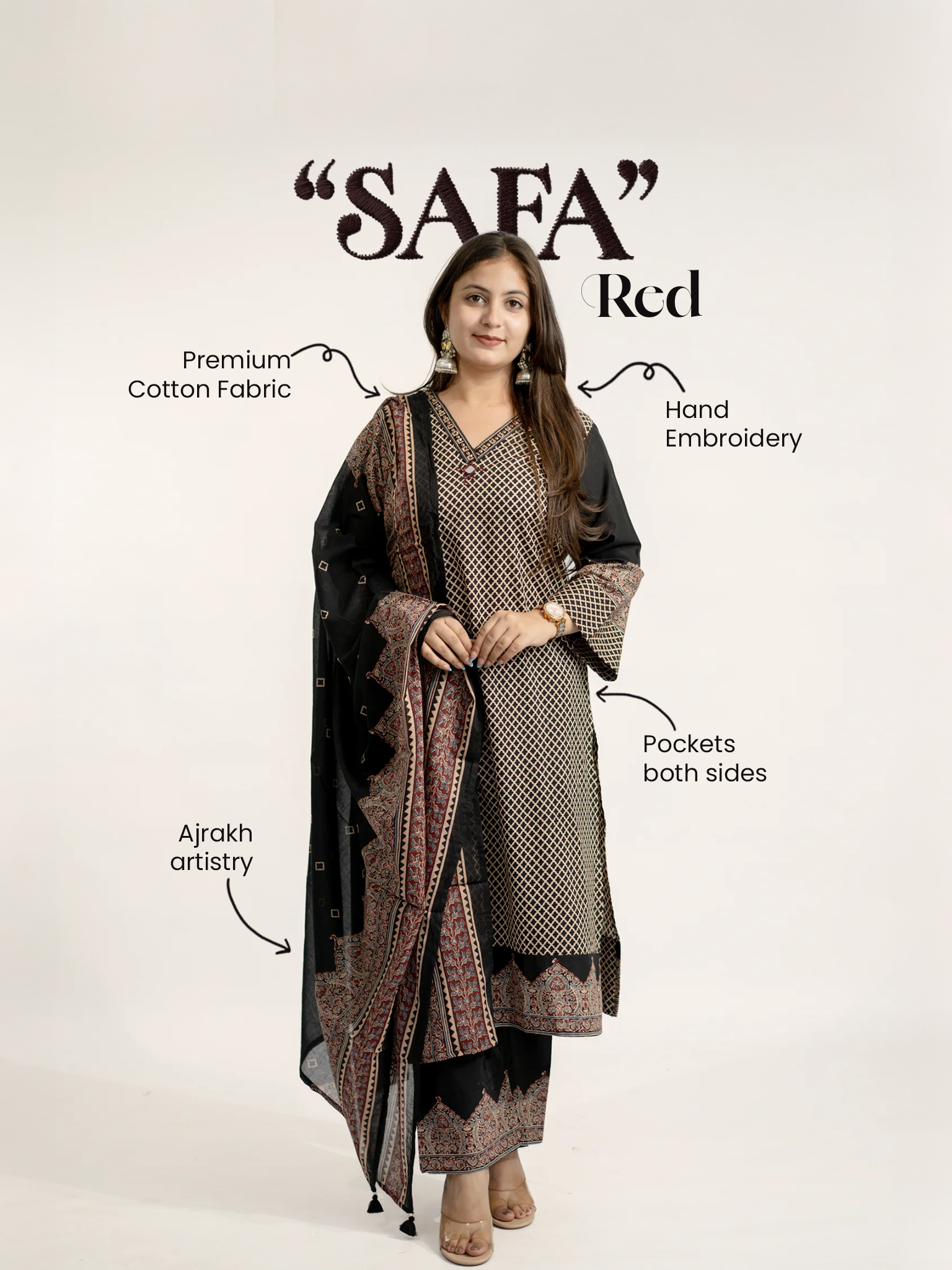 Safa Black Ajrakh Cotton HandEmbroidered Dupatta Set
