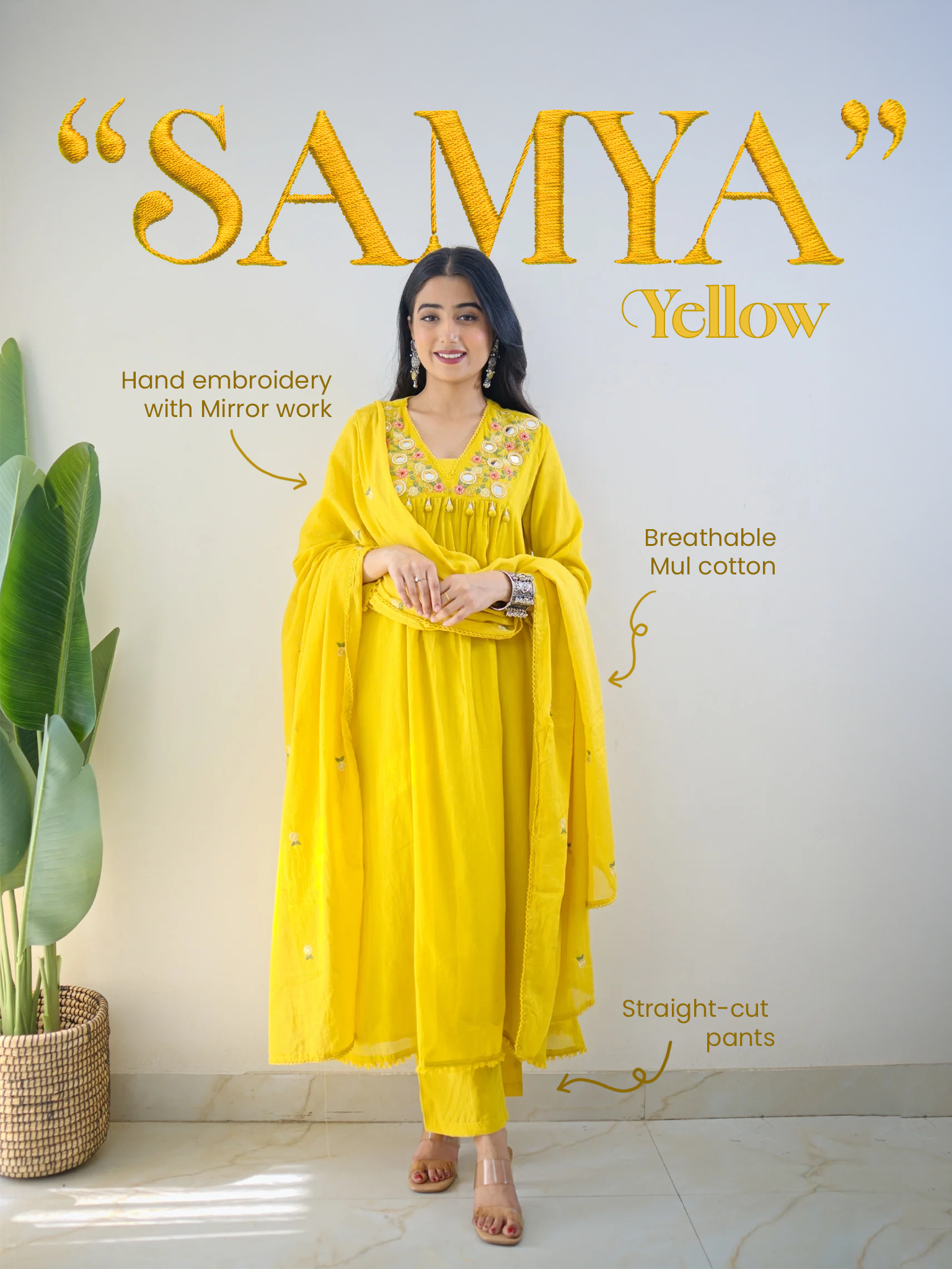 Samya Yellow MulCotton HandEmbroidered A-line Pant Set - The Jaipur Studio