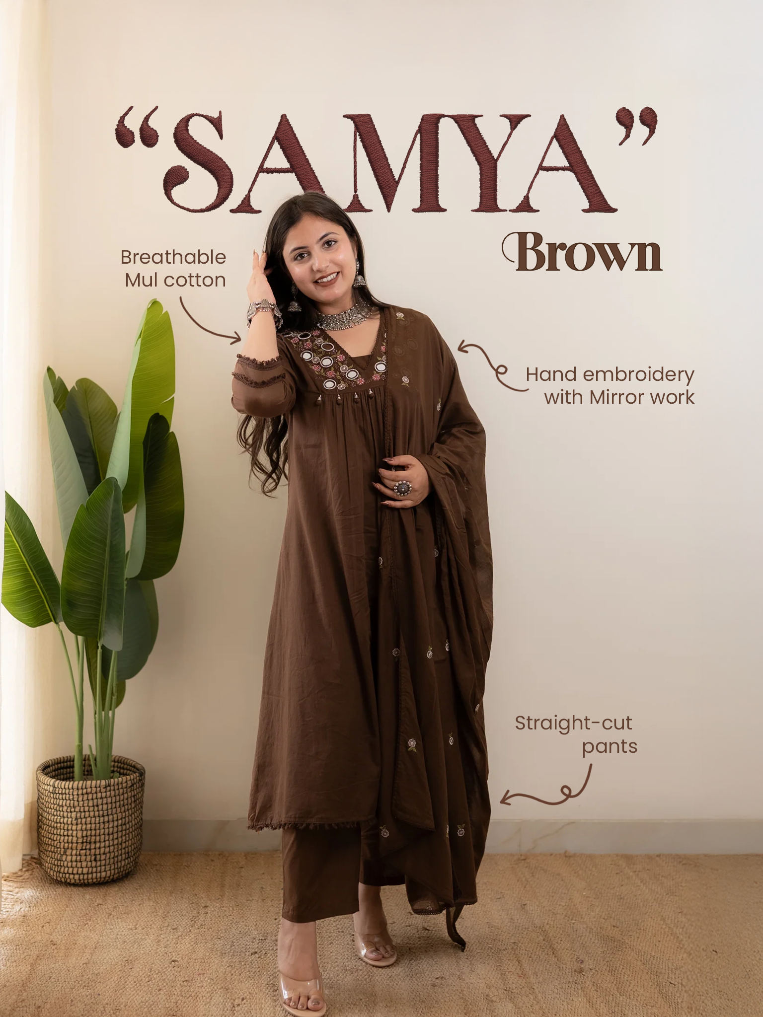Samya Brown MulCotton HandEmbroidered A-line Pant Set