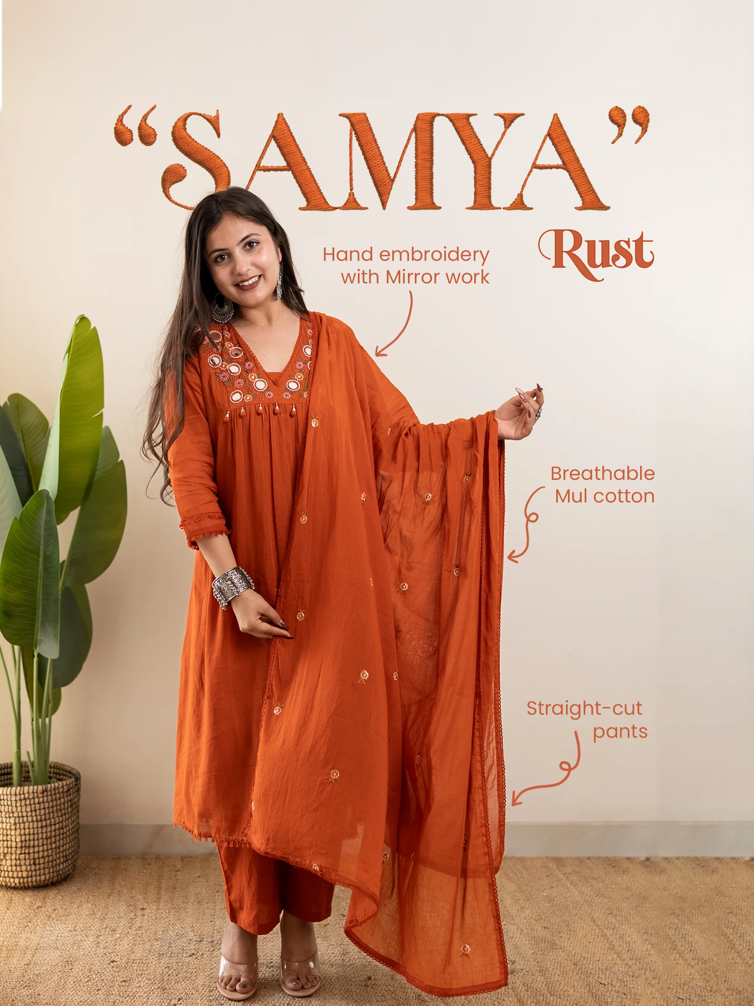 Samya Rust MulCotton HandEmbroidered A-line Pant Set