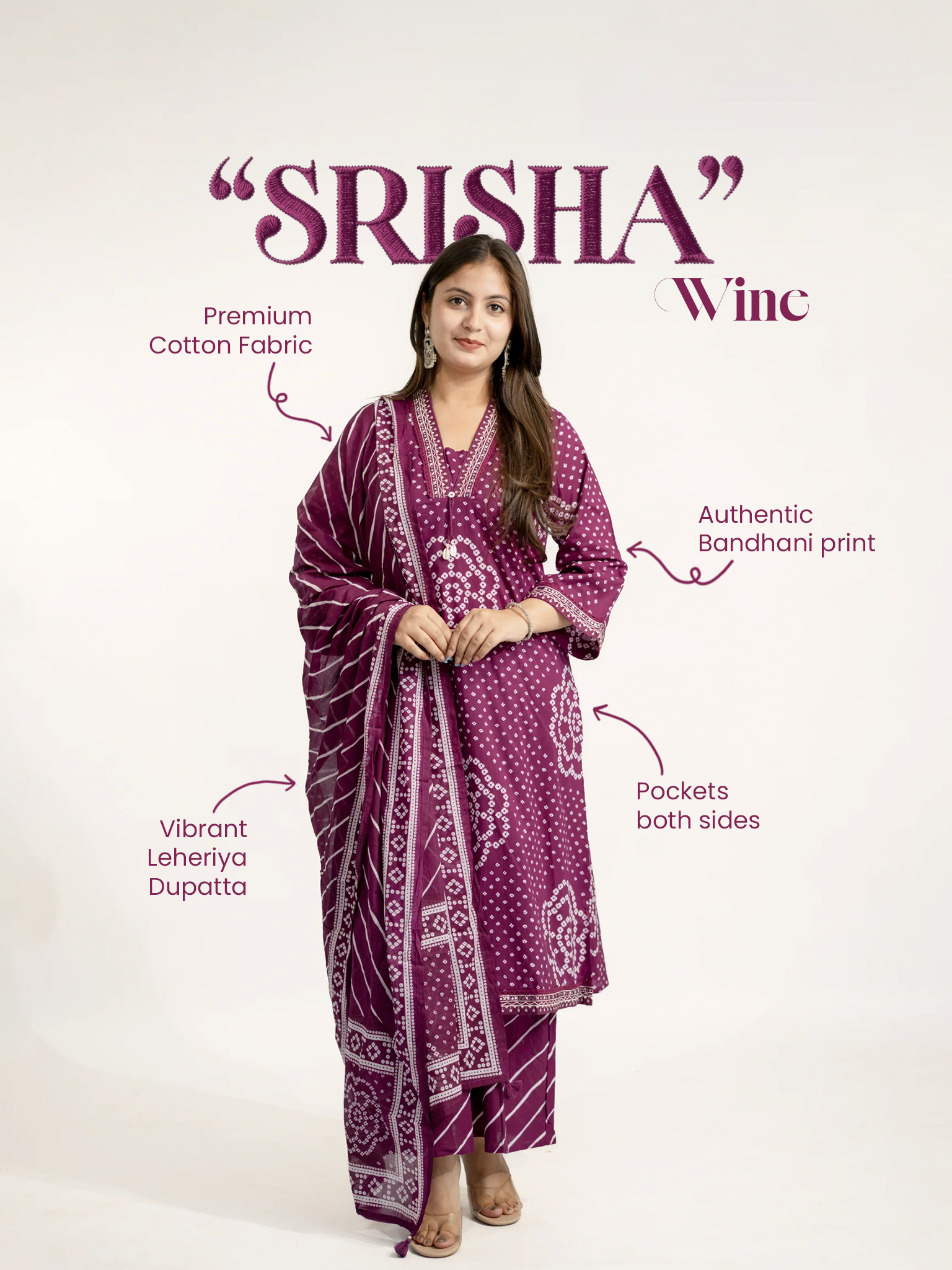 Srisha Wine Cotton Bandhani Leheriya Dupatta Set