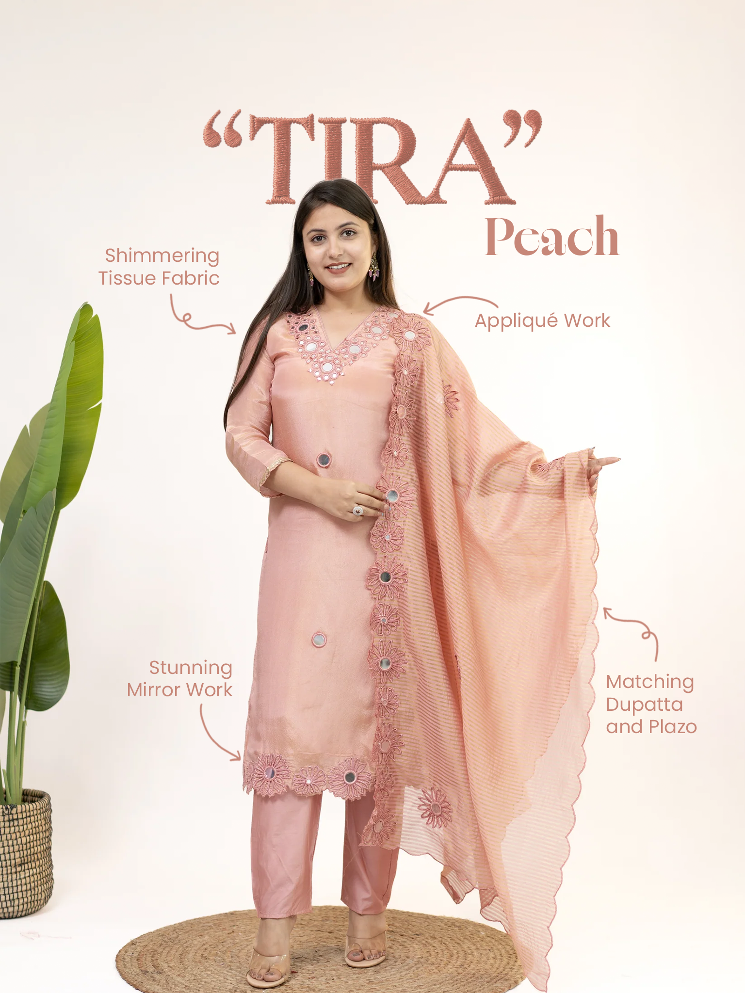 Tira Peach Tissue Cutwork Embroidered Dupatta Set