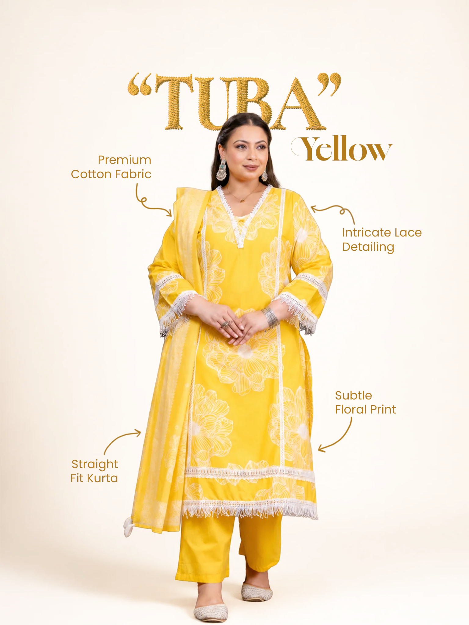 Tuba Yellow Cotton Lace Deatailed Straight Dupatta Set