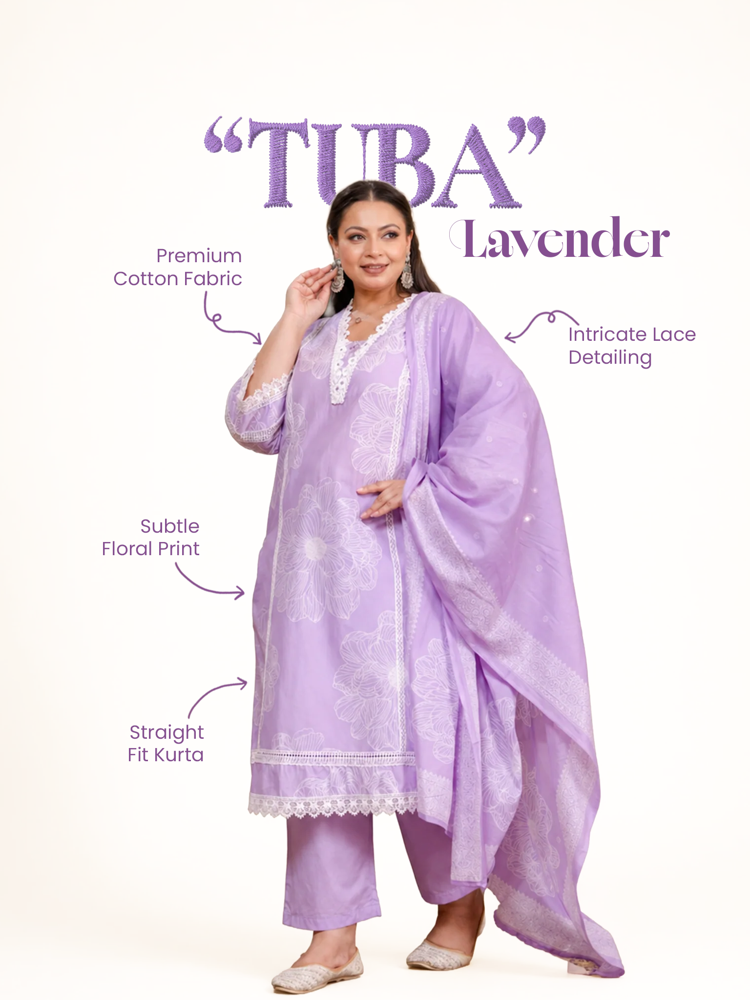 Tuba Lavender Cotton Lace Deatailed Straight Dupatta Set