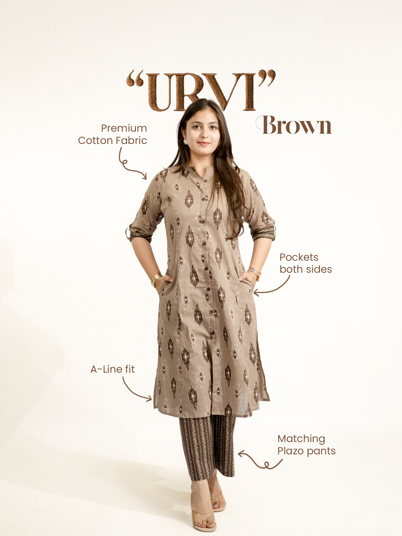 Urvi Brown Ikkat A-line Cotton Kurta Set