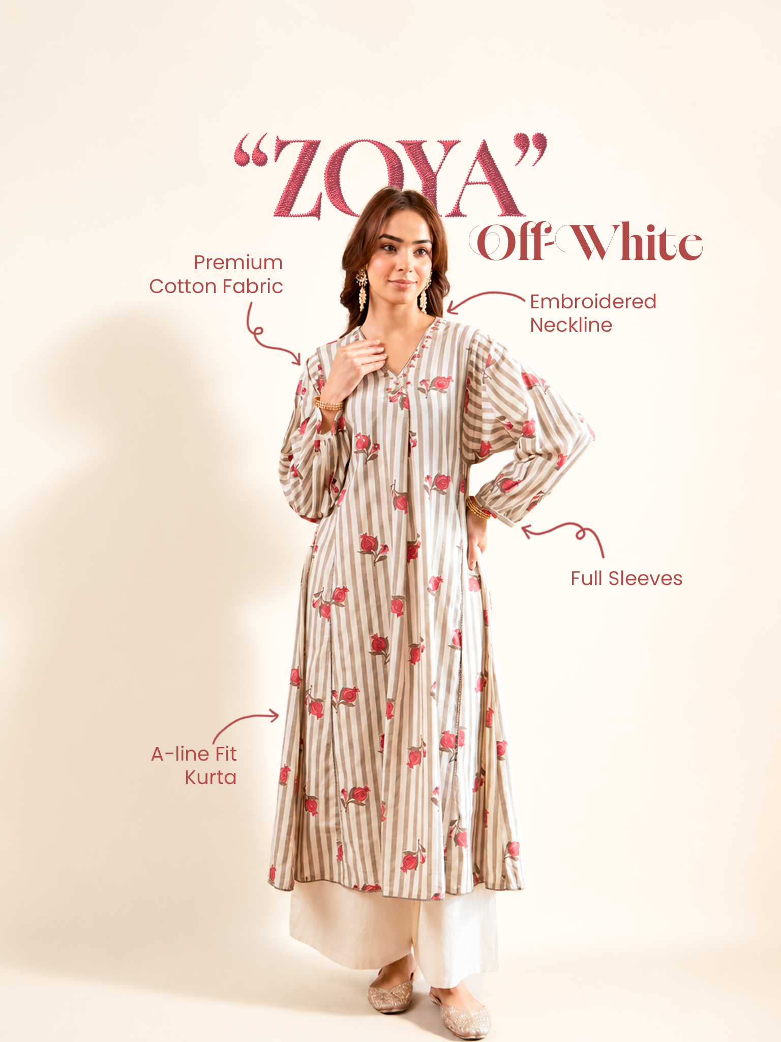 Zoya Offwhite Floral A-line Embroidered Kurta Set